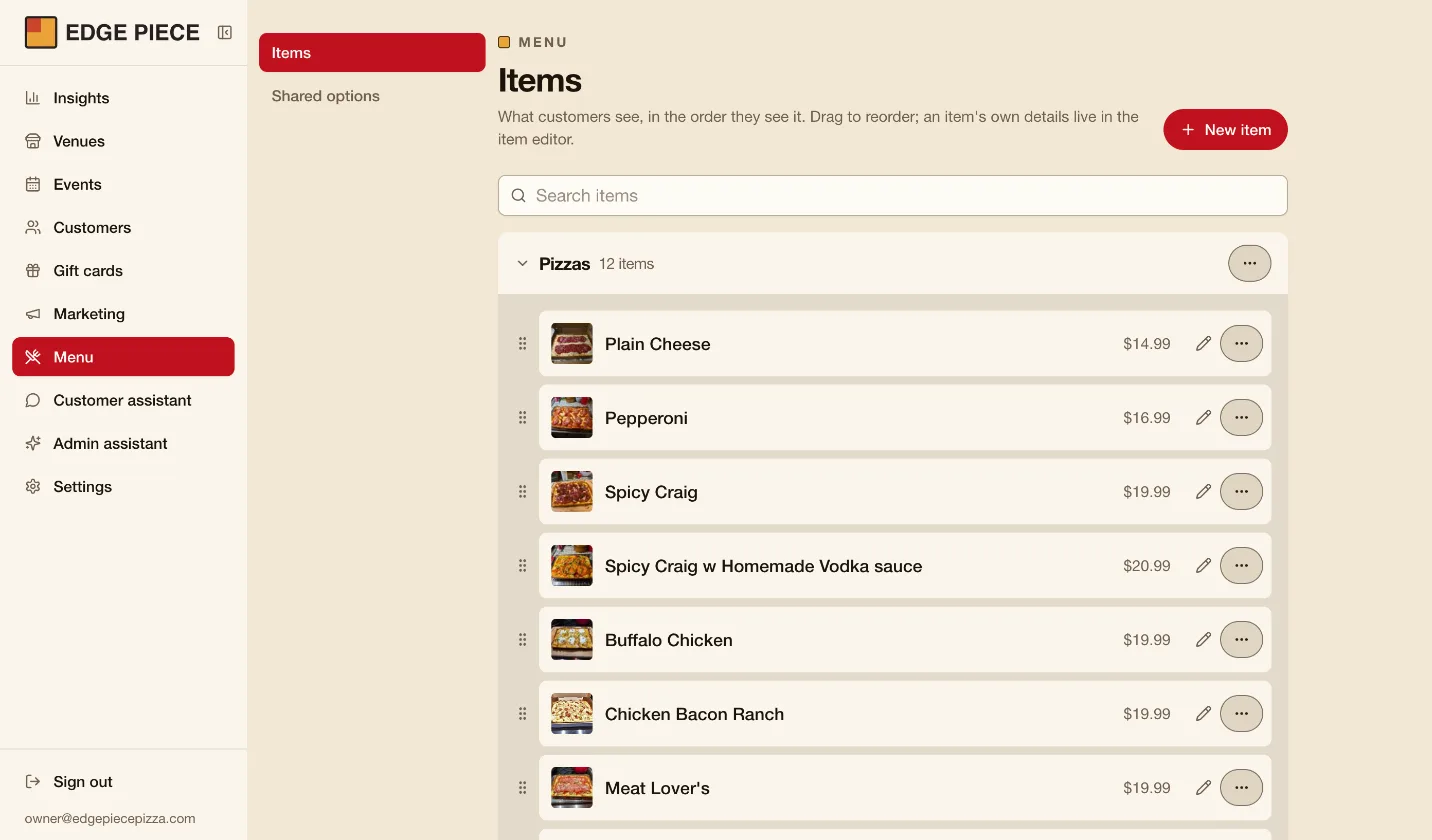 The admin's menu: a Pizzas category of 12 dishes, each with a photo, a price and a drag handle to reorder it.