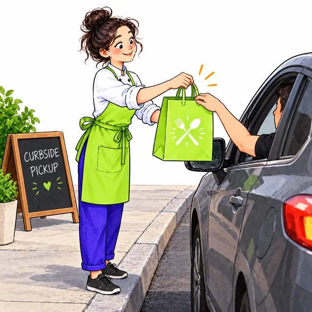 A chef handing a bag of food through a car window beside a curbside pickup sign.