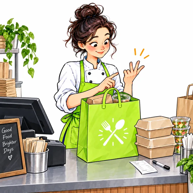 A chef at the counter handing over a takeaway bag, boxes stacked alongside.