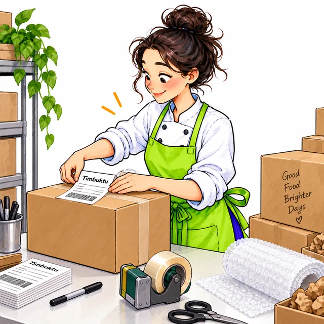 A chef sticking a shipping label on a box, more boxes packed behind.