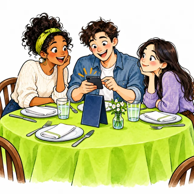 Three friends at a laid table, one ordering on a phone beside the table's card.