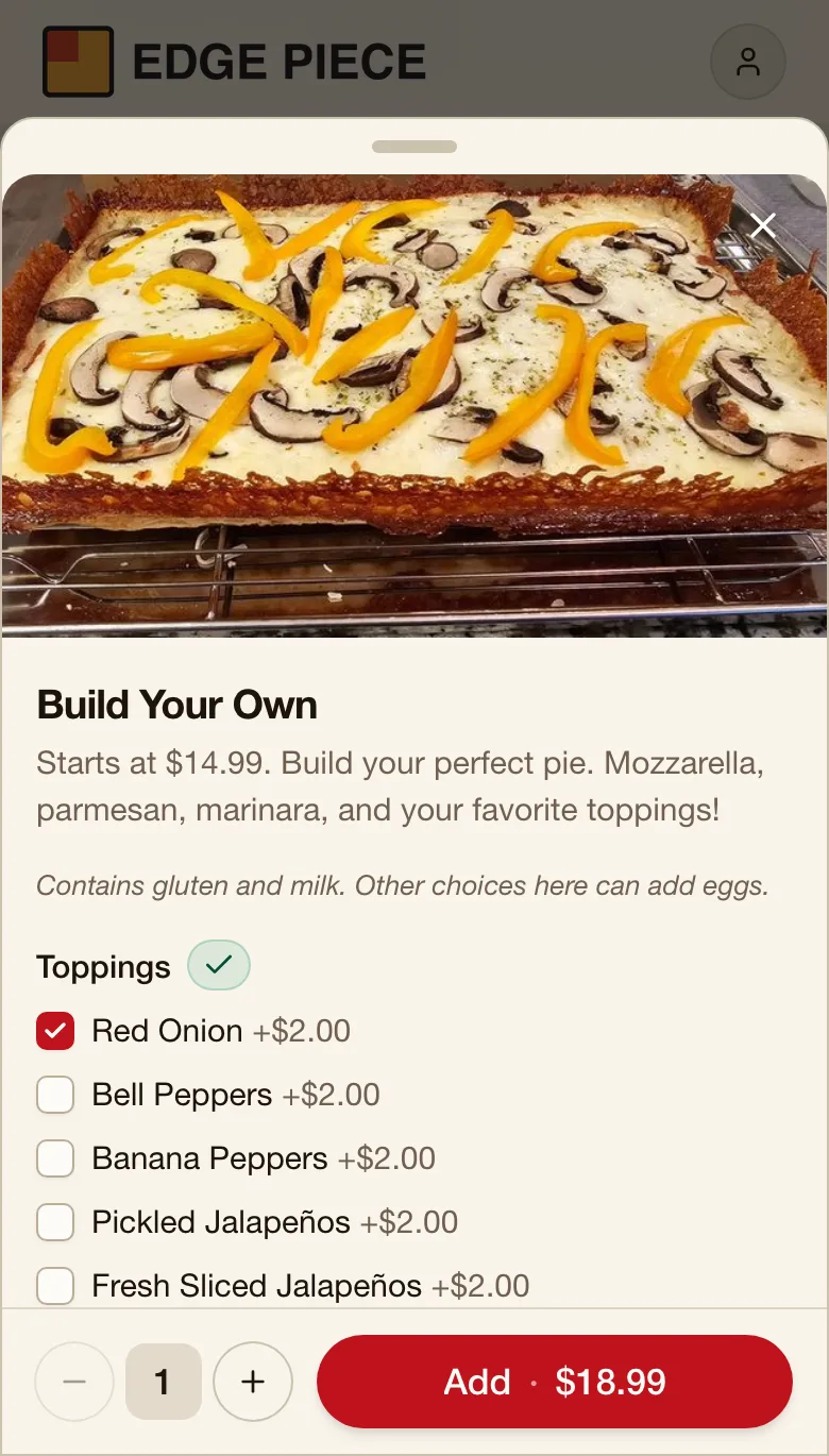 A dish open on a phone: a build-your-own pizza, its description, and a toppings list charging two dollars each, with an Add button reading $18.99.