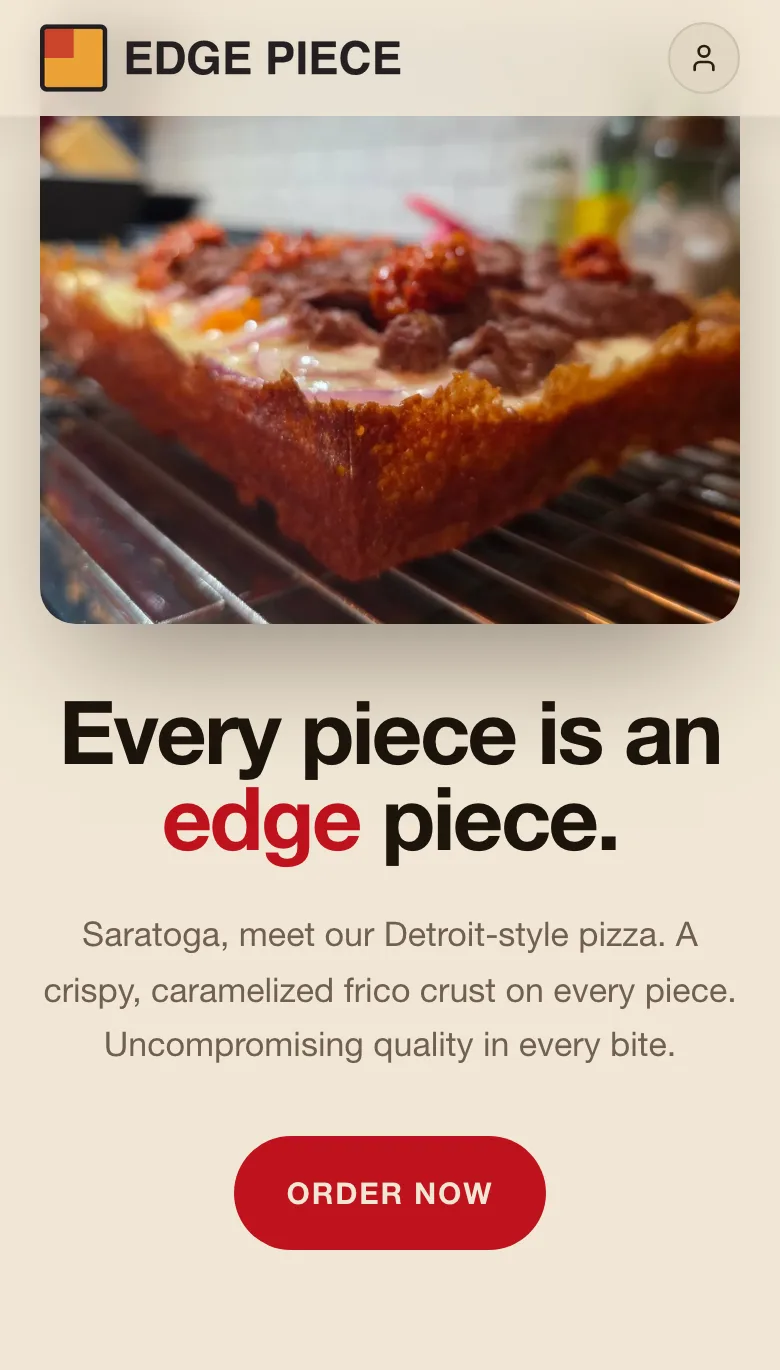 The same home page on a phone: logo, hiring banner, pizza photo, headline and an Order Now button.